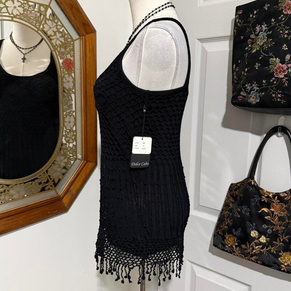 NWT Y2K Dolce Cabo Black Floral Crochet Dark Feminine Tassel Fringe Cami Top - Picture 3 of 8